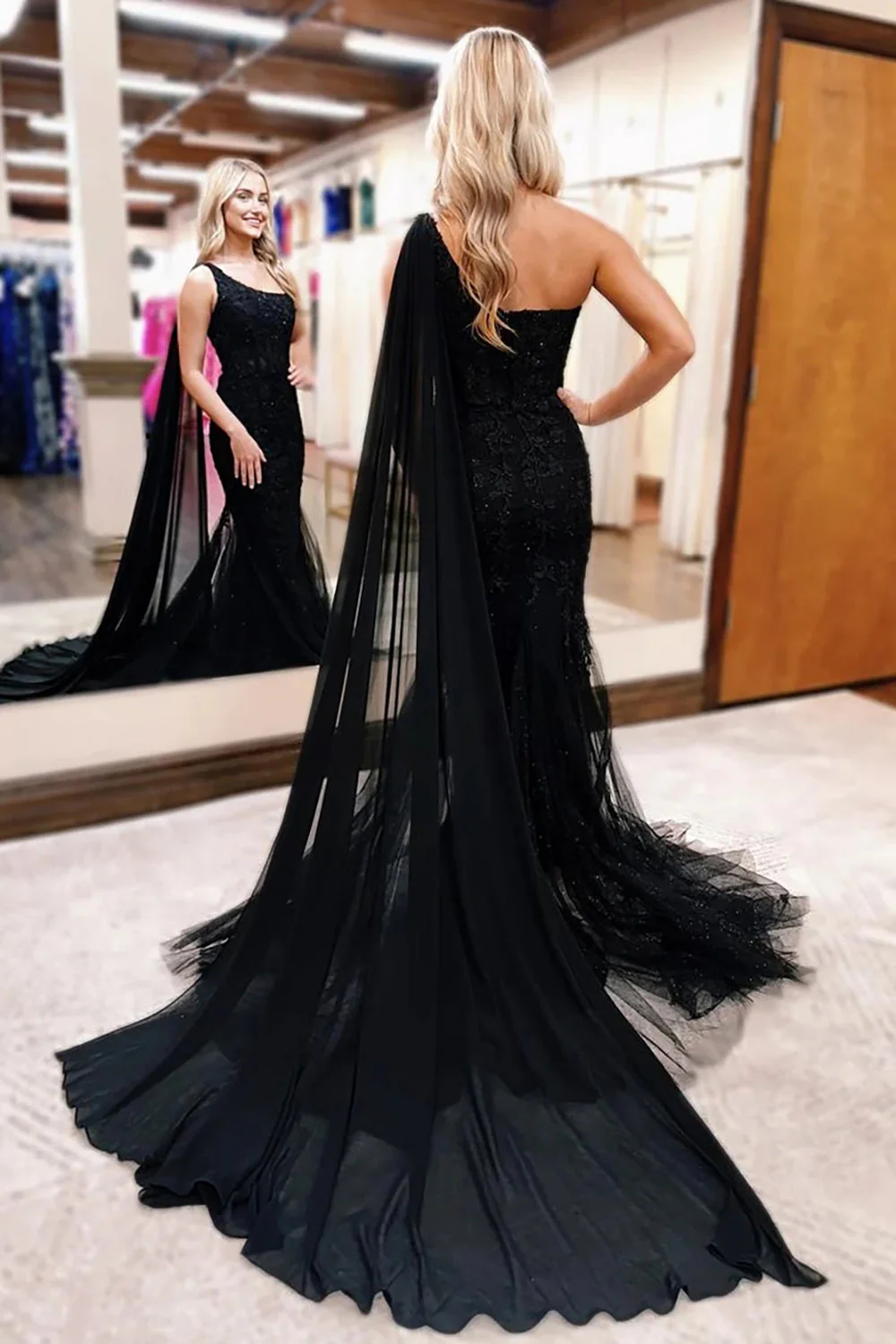 One Shoulder Cape Tulle Long Corset Prom Dress with Appliques - Image 2
