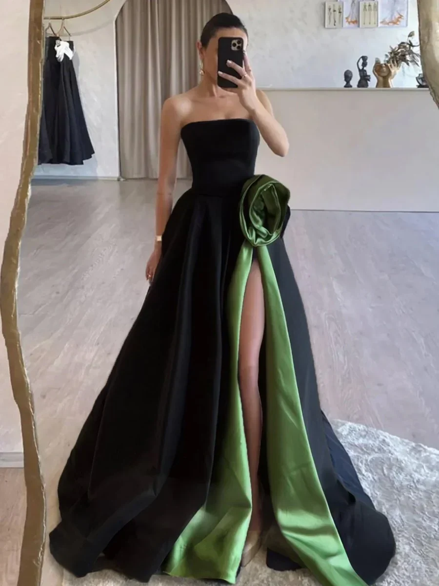 Black Strapless Satin Long Prom Dress With High Split - Image 2