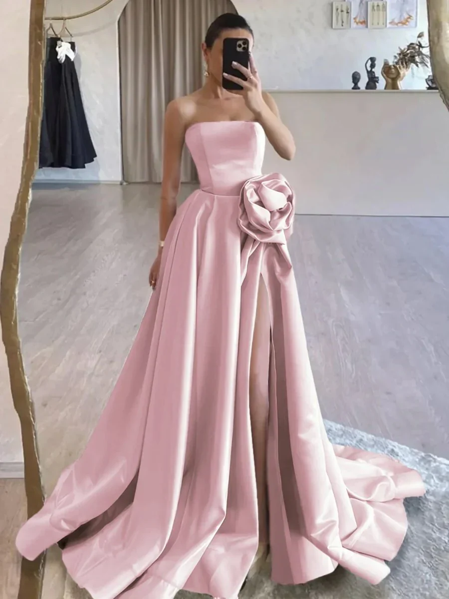Black Strapless Satin Long Prom Dress With High Split - Image 5