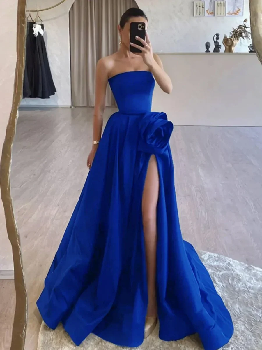 Black Strapless Satin Long Prom Dress With High Split - Image 6