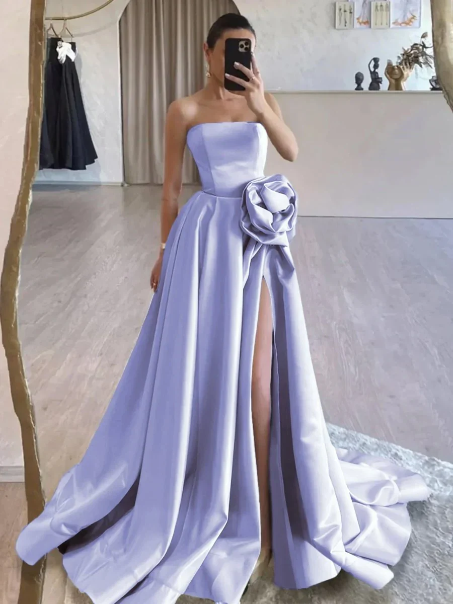 Black Strapless Satin Long Prom Dress With High Split - Image 8