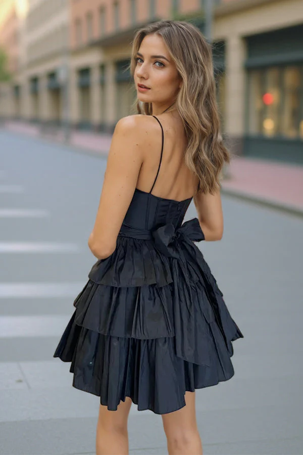 Black Straps Satin A-Line Short Corset Homecoming Dress With Bow PD543 - Image 2