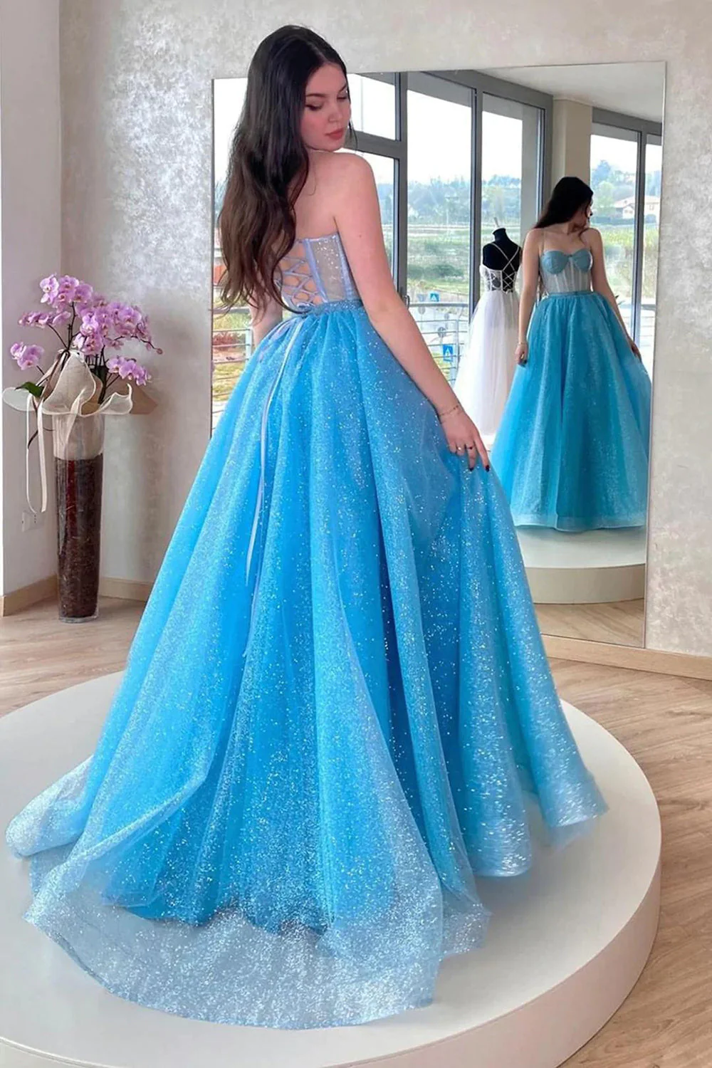 Bling A Line Spaghetti Straps Light Blue Sequns Long Prom Dress - Image 2