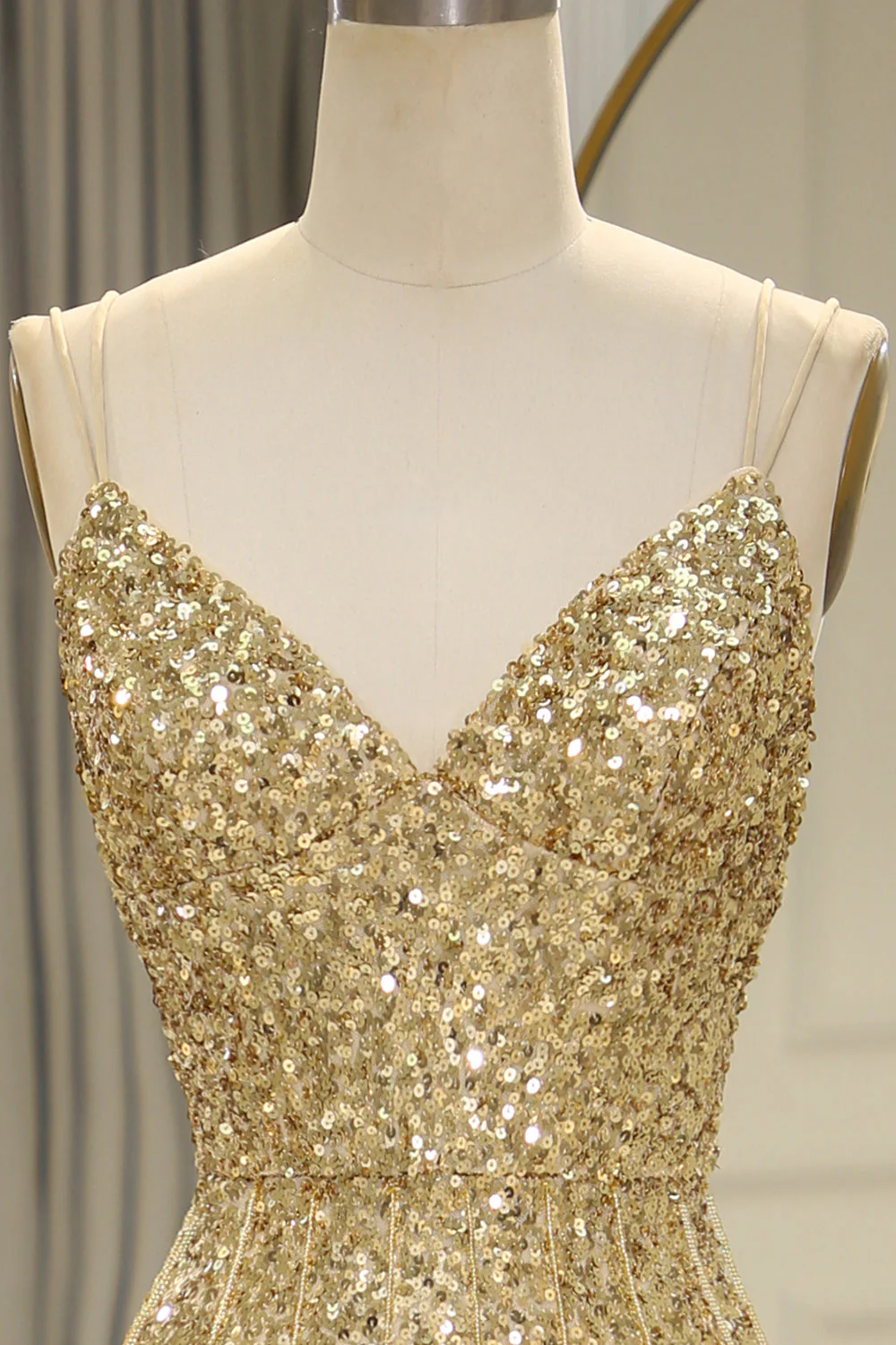 Bling Mermaid Spaghetti Straps Golden Sequins Long Prom Dress with Split Front - Image 4