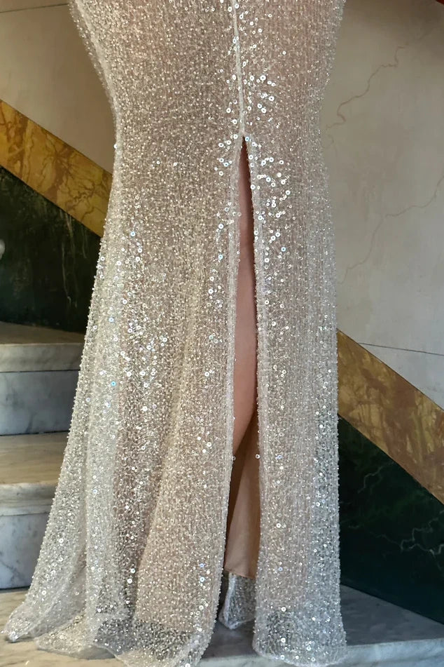 Bling Sheath Spaghetti Straps Silver Sequins Long Party Dress - Image 4