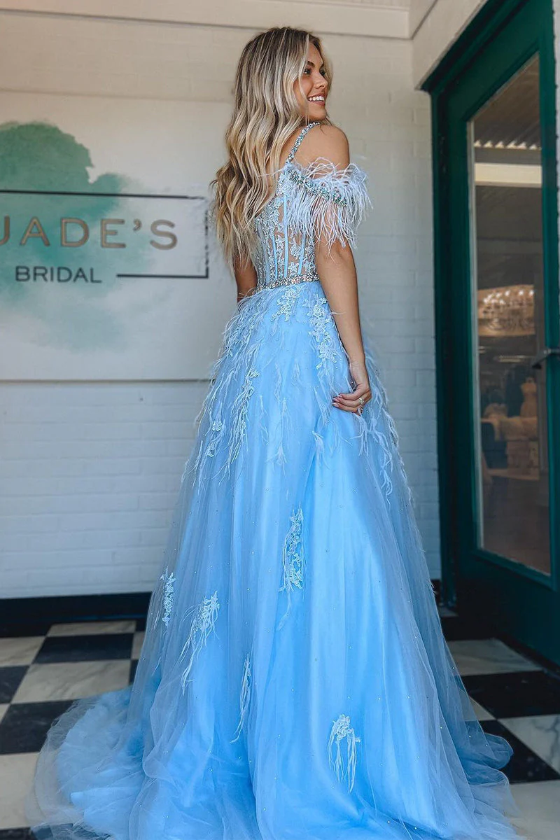 A line V Neck Lace Tulle Prom Dress with Beading and Feather - Image 3