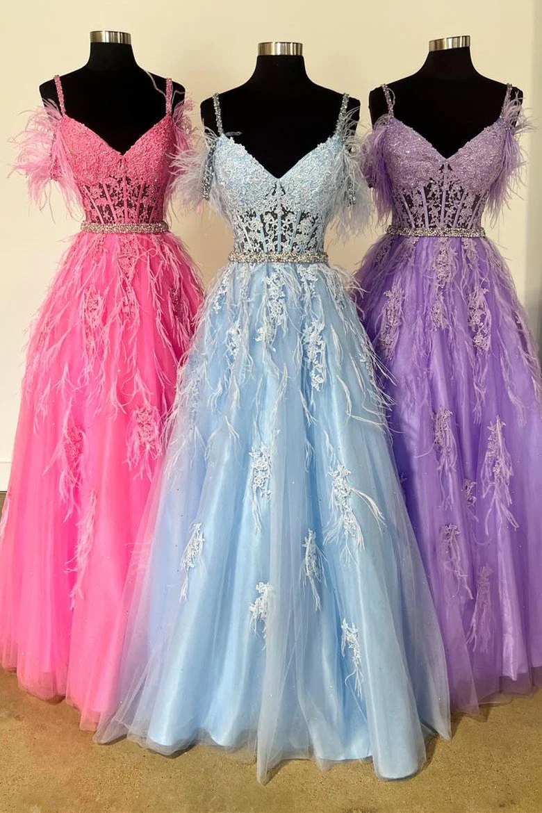 A line V Neck Lace Tulle Prom Dress with Beading and Feather - Image 4