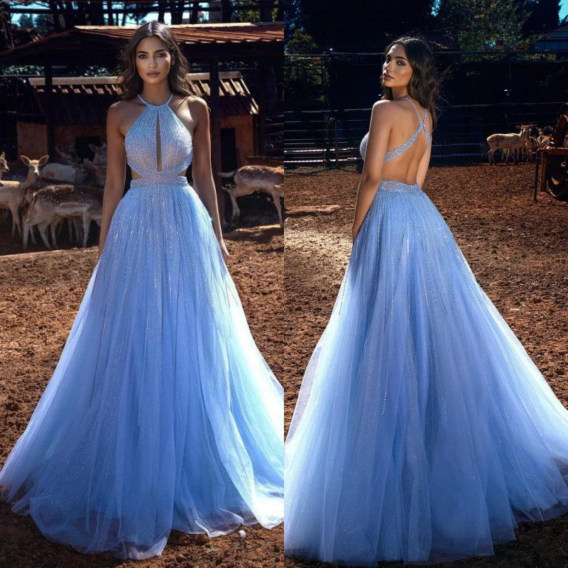 Blue HalterLong Prom Dress Tulle Evening Ball Dresses Beadings - Image 2