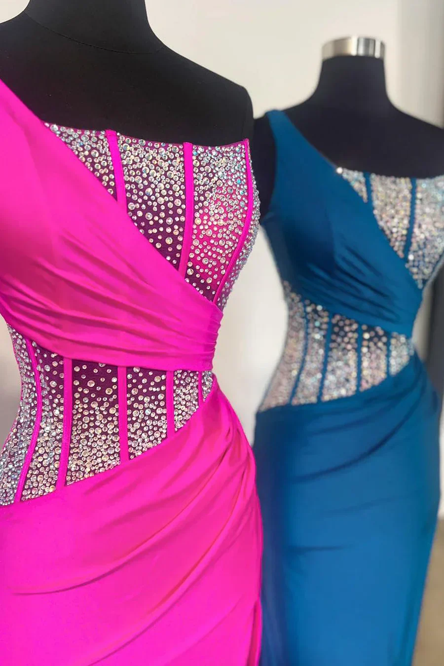 Blue Mermaid One Shoulder Long Prom Dresses with Beaded - Image 10