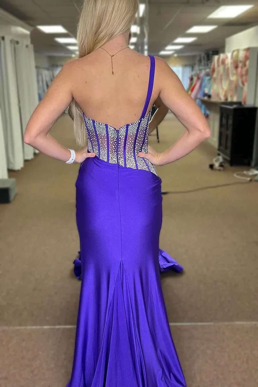 Blue Mermaid One Shoulder Long Prom Dresses with Beaded - Image 7