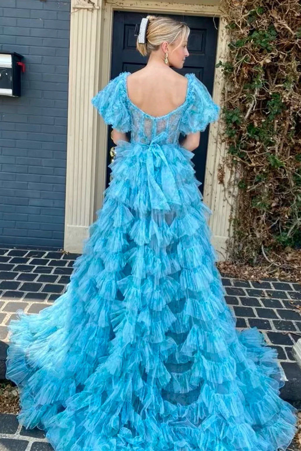 A-line Multi Tiered Printed Tulle Prom Dress with Slit - Image 3