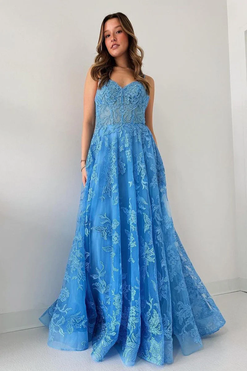 Spaghetti Straps Tulle Appliques Long Prom Dresses - Image 2