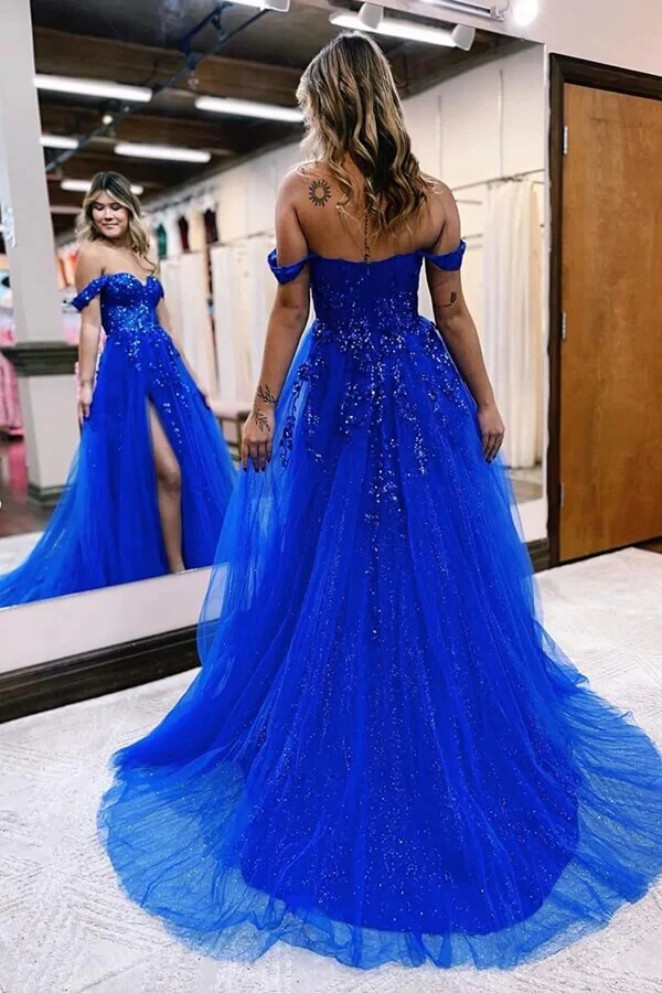 Blue Tulle A-line Off-the-Shoulder Lace Appliques Prom Dress With Slit - Image 2