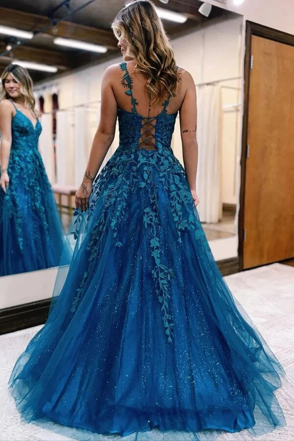 Tulle A-line Prom Dresses With Lace Appliques, Evening Dresses, - Image 2