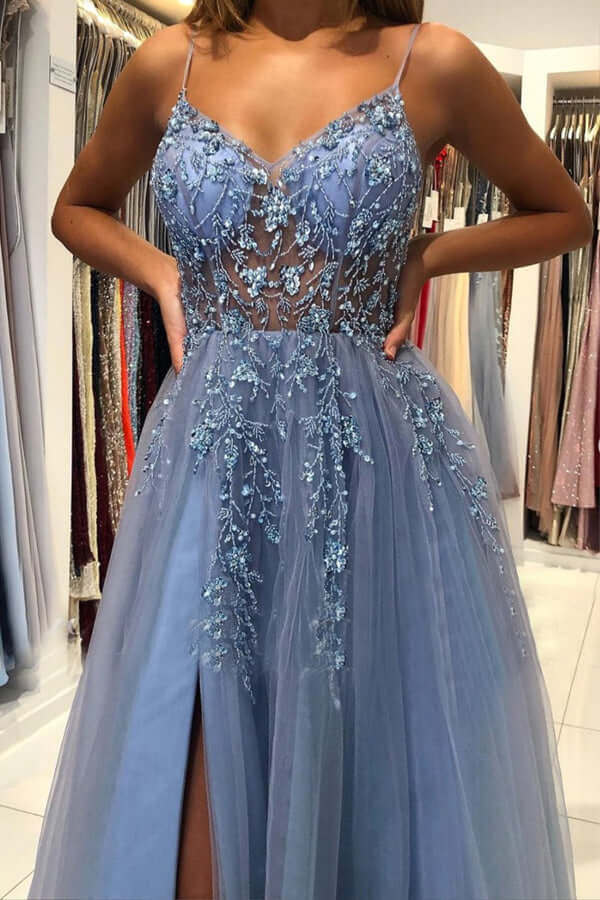Blue Tulle A-line V-neck Beaded Long Prom Dresses, Long Formal Dress, MP652 - Image 3