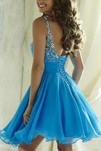 Tulle Beaded Halter Open Back Homecoming Dresses, Junior Short Prom Dress - Image 2