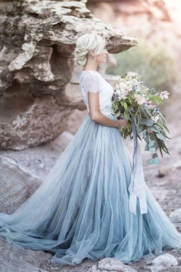Tulle Lace Top A-line Short Sleeves Wedding Dresses, Bridal Gown - Image 2