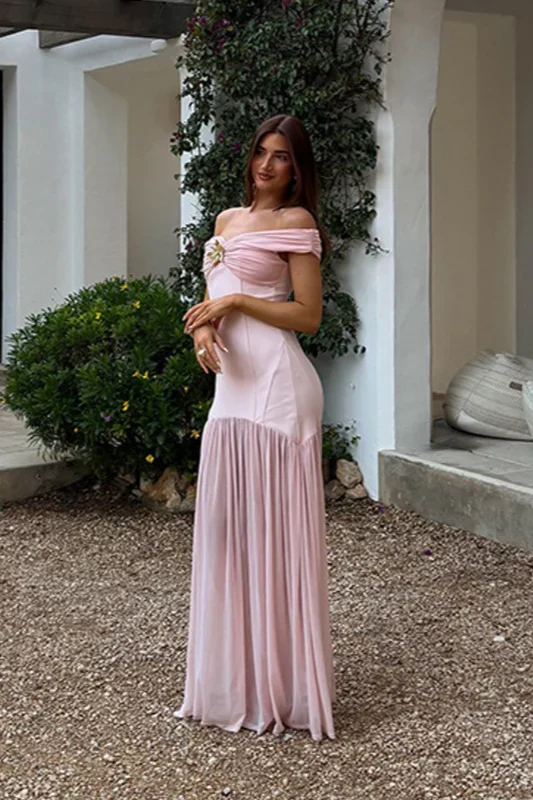 Blush Maxi Prom Dresses with Off Shoulder Twist Neck Brooch Detail Pleated Skirt for Prom and Wedding Guest - Image 2