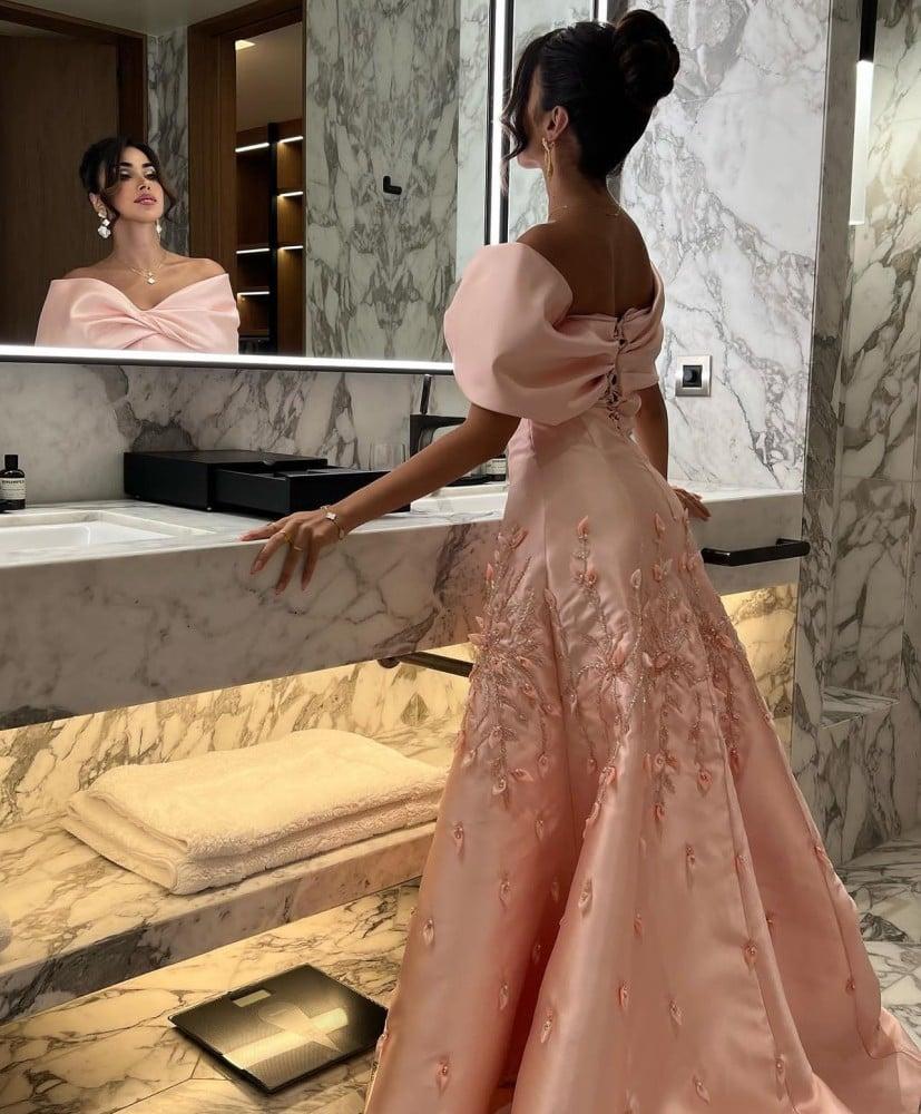 Blush Pink Floral Prom Dresses Off The Shoulder Applique Prom Dress 2025 - Image 3