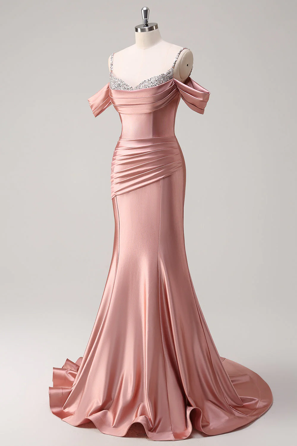 Blush Spaghetti Straps Ruched Mermaid Satin Long Prom Dress with Sequins - Image 3