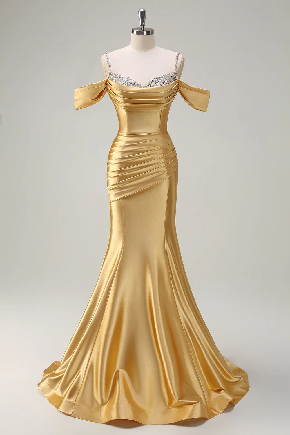 Blush Spaghetti Straps Ruched Mermaid Satin Long Prom Dress with Sequins - Image 6