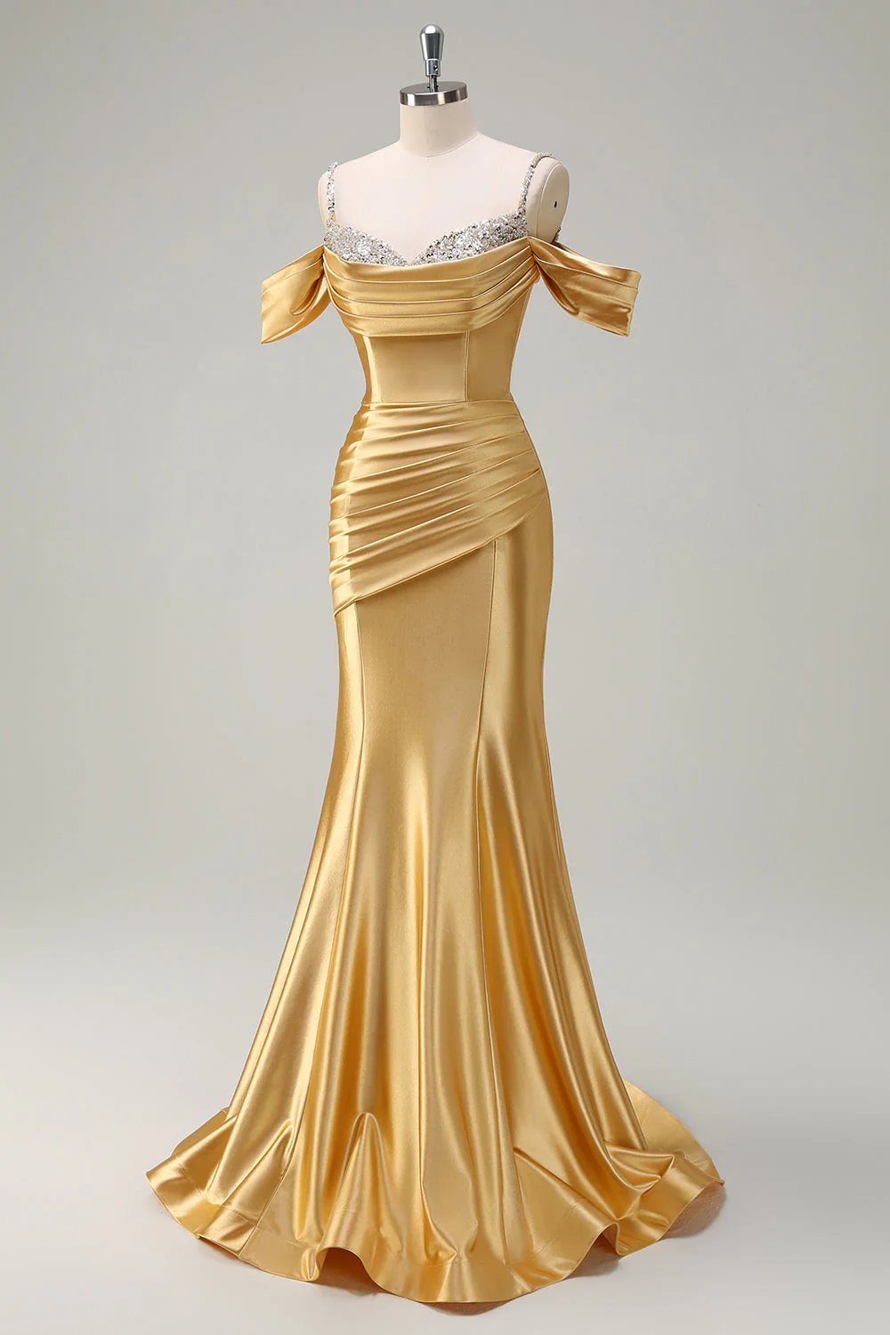 Blush Spaghetti Straps Ruched Mermaid Satin Long Prom Dress with Sequins - Image 8