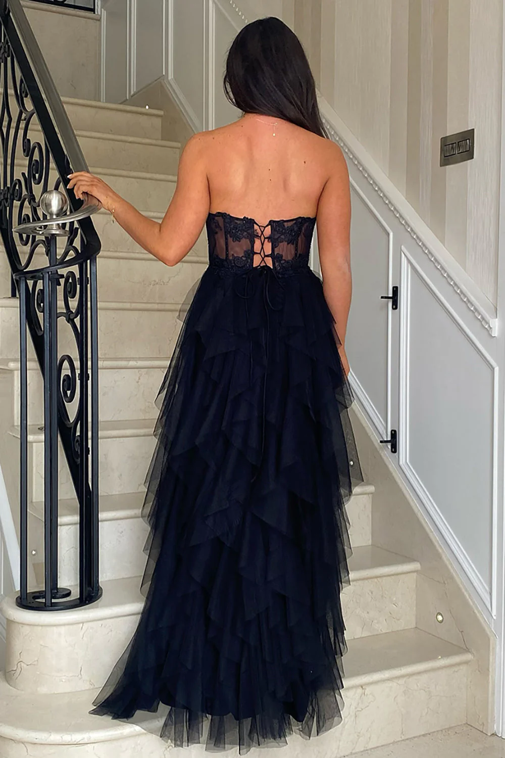 Blush Strapless A-Line Tulle Tiered Long Corset Prom Dress with Appliques - Image 5