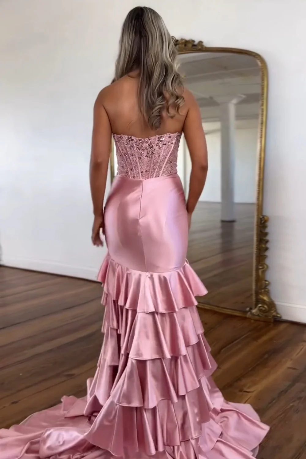 Blush Strapless Mermaid Satin Tiered Long Prom Dress with Sequins - Image 2