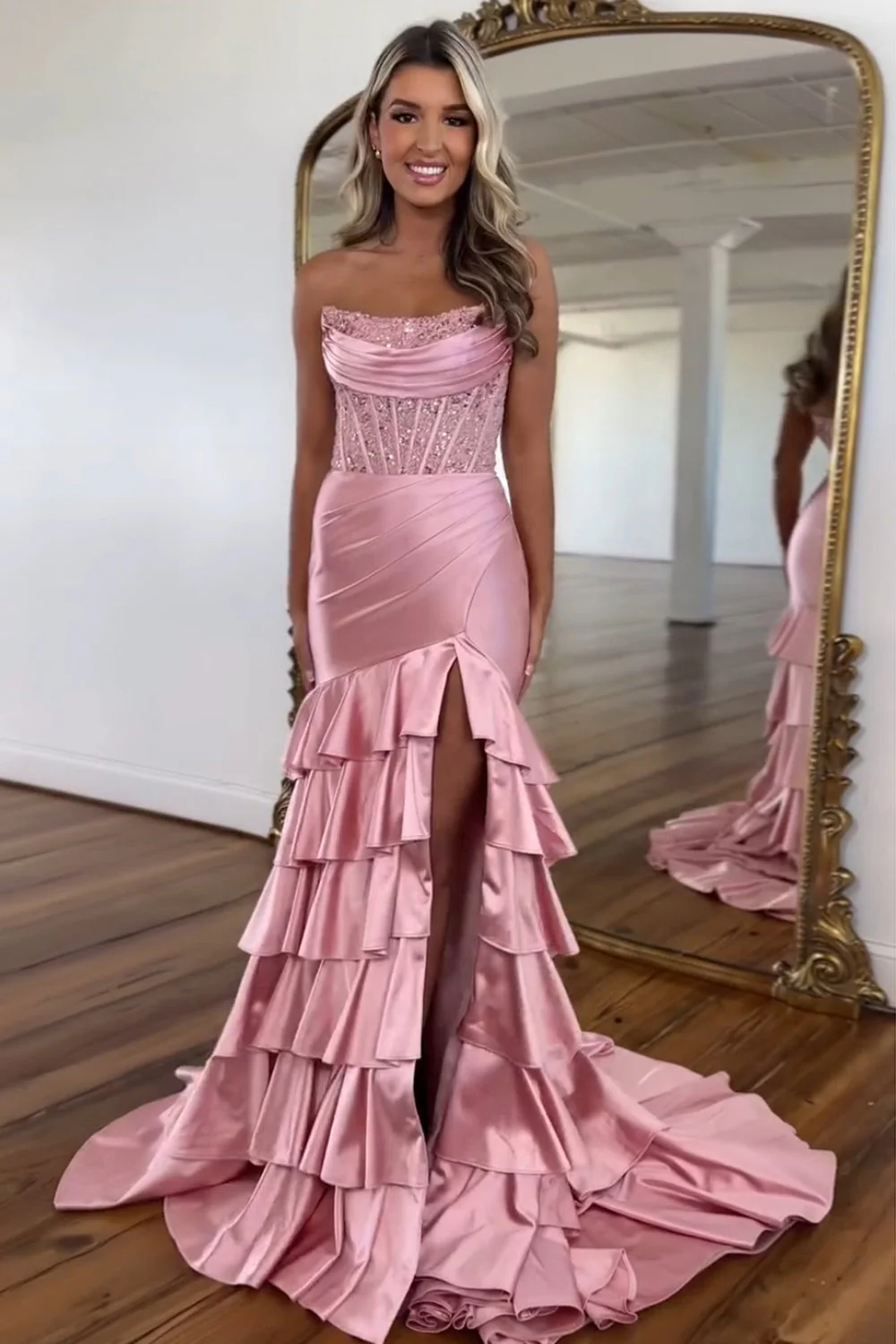 Blush Strapless Mermaid Satin Tiered Long Prom Dress with Sequins - Image 4