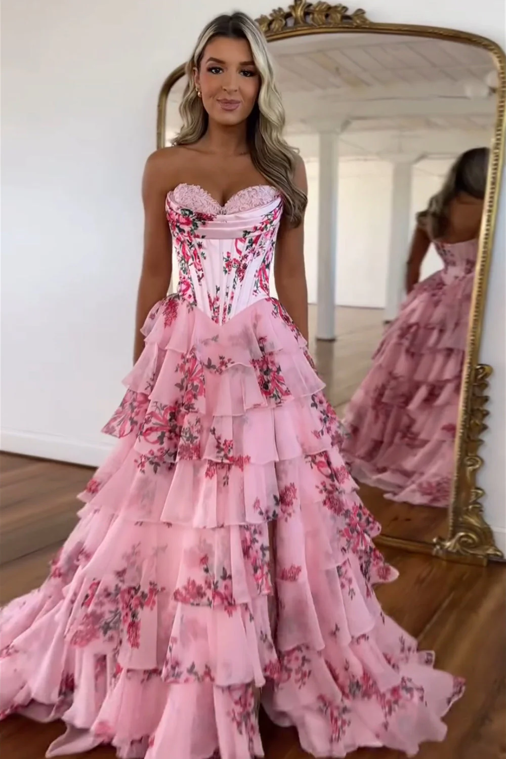 Blush Sweetheart A-Line Chiffon Floral Ruffled Long Corset Prom Dress with Slit - Image 3