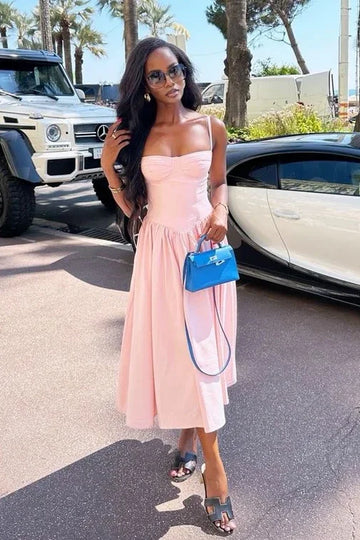 Blushing Pink Spaghetti Straps A-Line Tea-Length Formal Dresses - Image 3