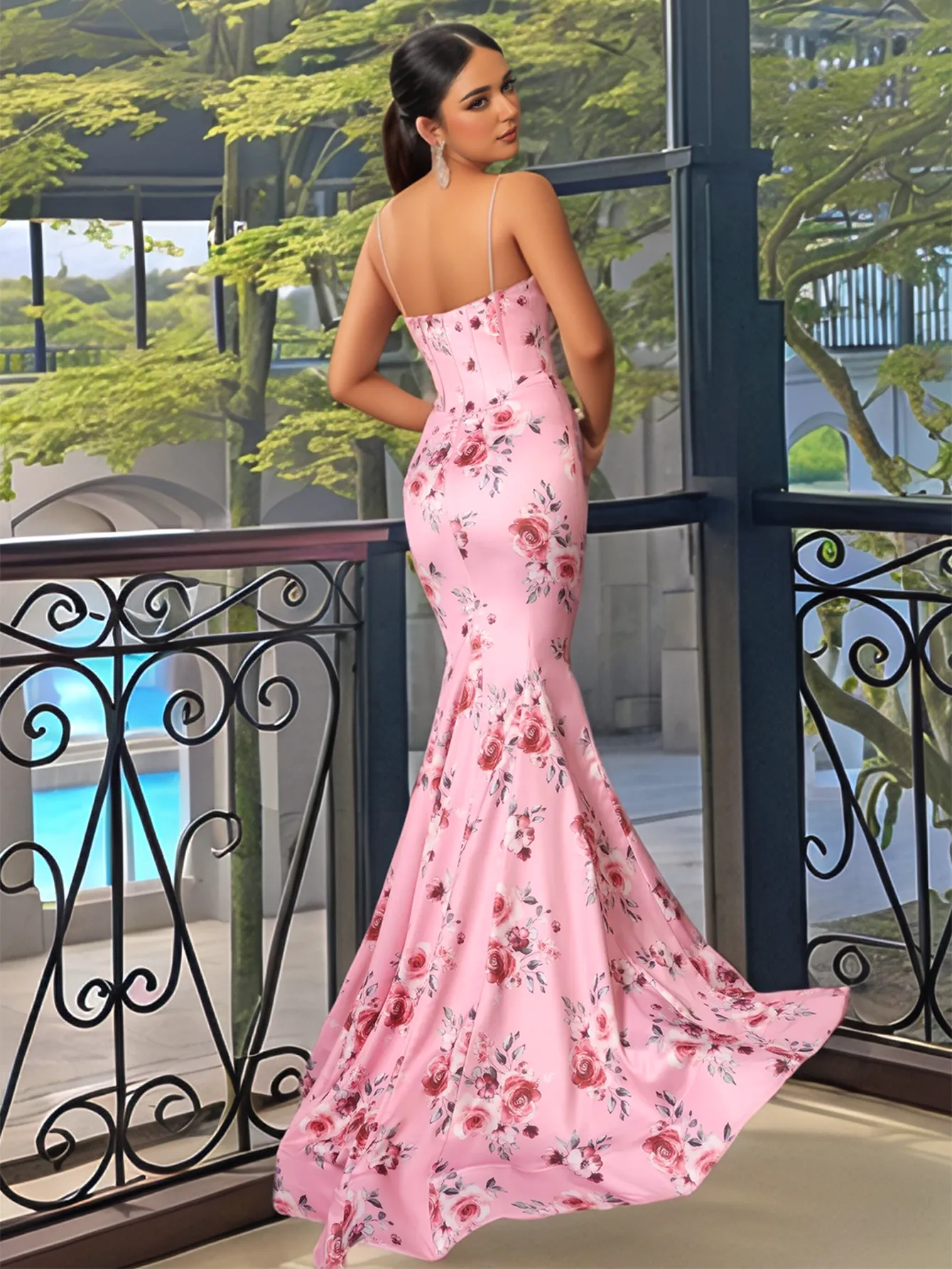 Bodice Printing Spaghetti Strap Sexy Mermaid Prom Dress - Image 2