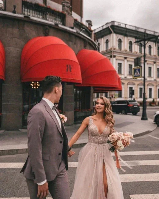 Boho A-line V-Neck Slit Wedding Dresses with Lace - Image 5