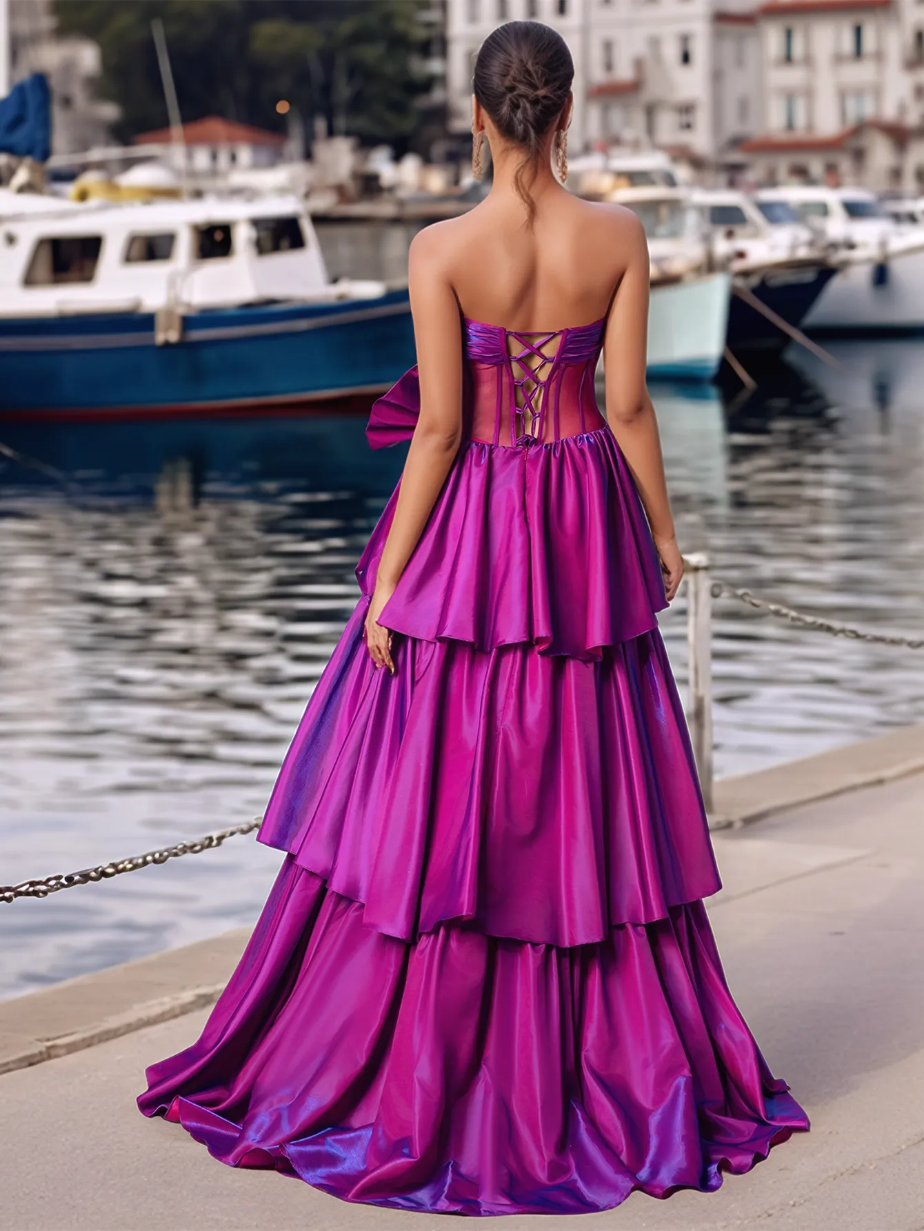 Bow Front Sheer Bodice Crystal Strapless Ruffle Tiered Prom Dress - Image 3