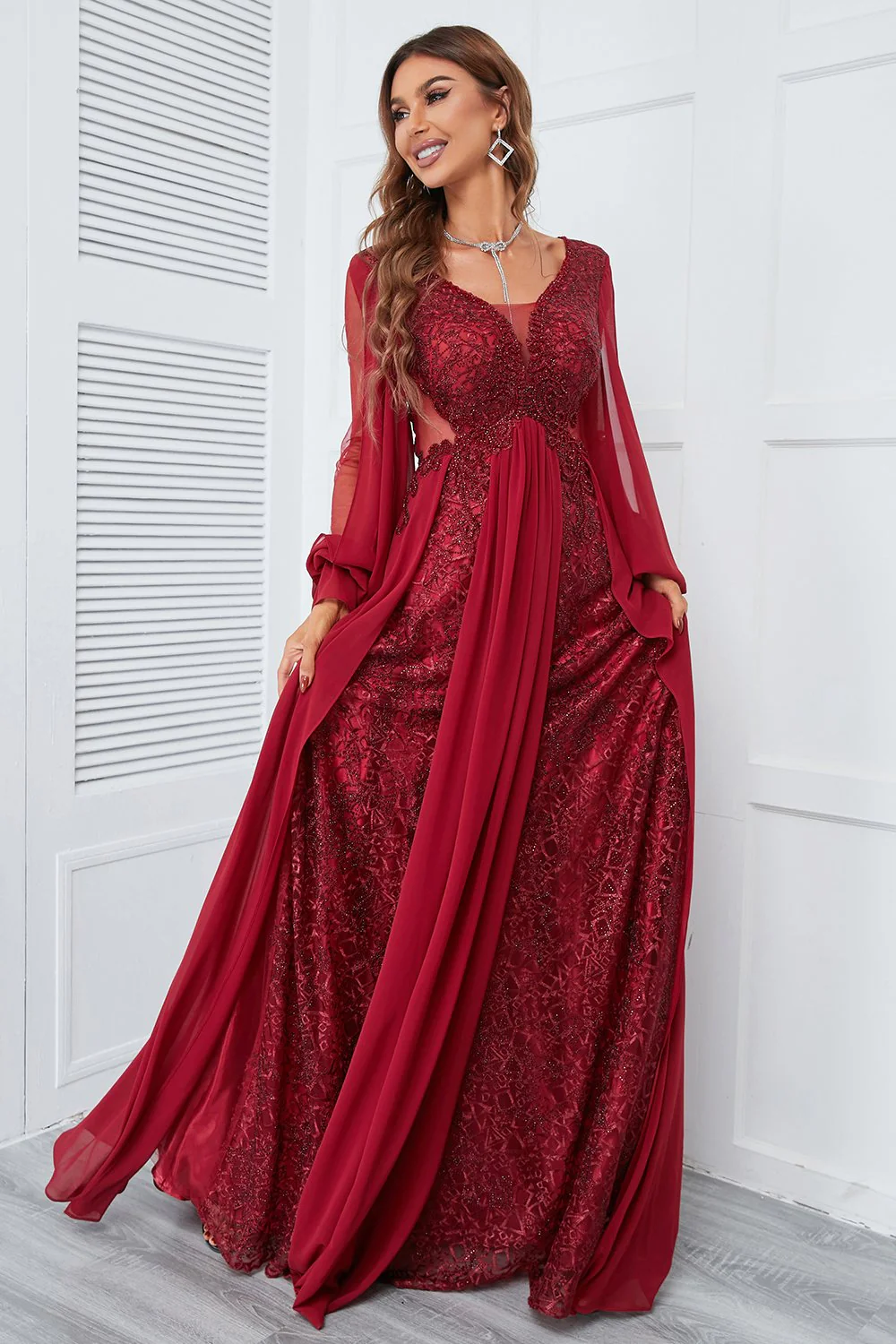 Burgundy Beaded Long Prom Dress with Lace - Image 3