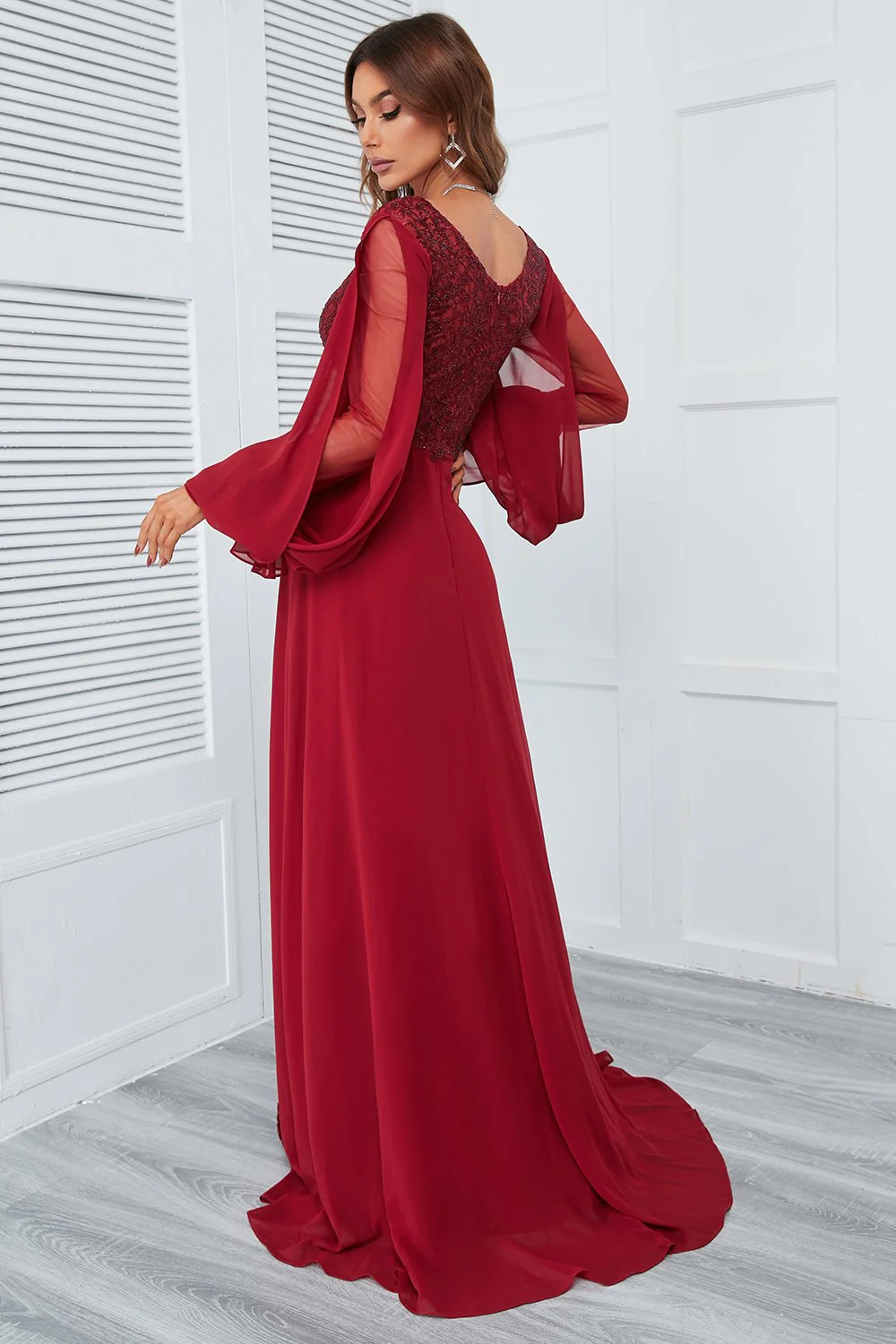 Burgundy Beaded Long Prom Dress with Lace - Image 6