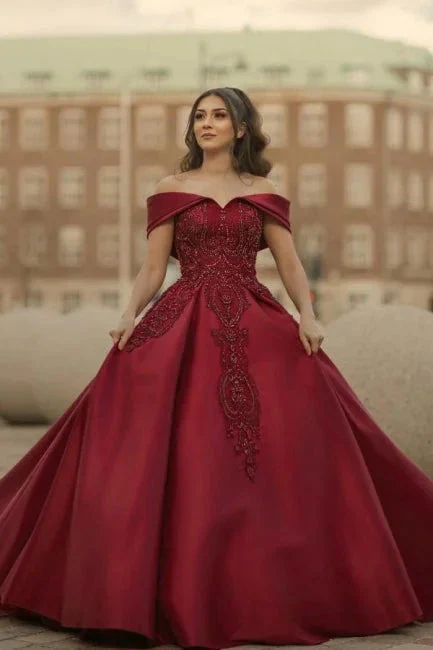 Burgundy Off-the-shoulder A-Line Satin Wedding Dresses Bridal Gowns With Lace