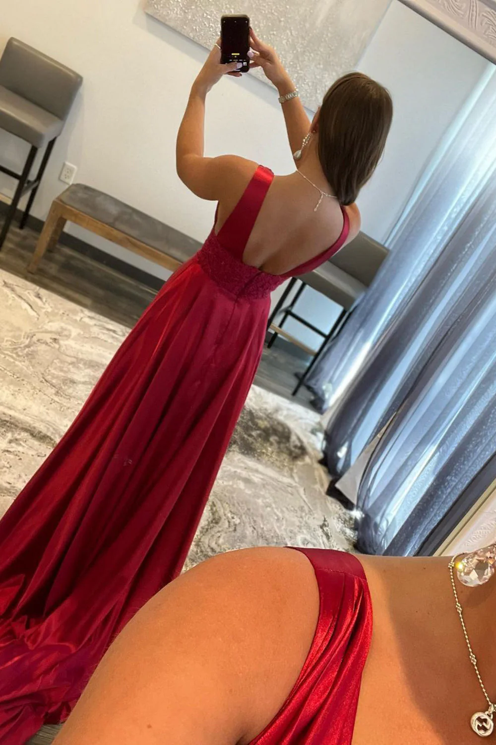 Burgundy V Neck Backless Long Prom Dress with Lace - Image 2