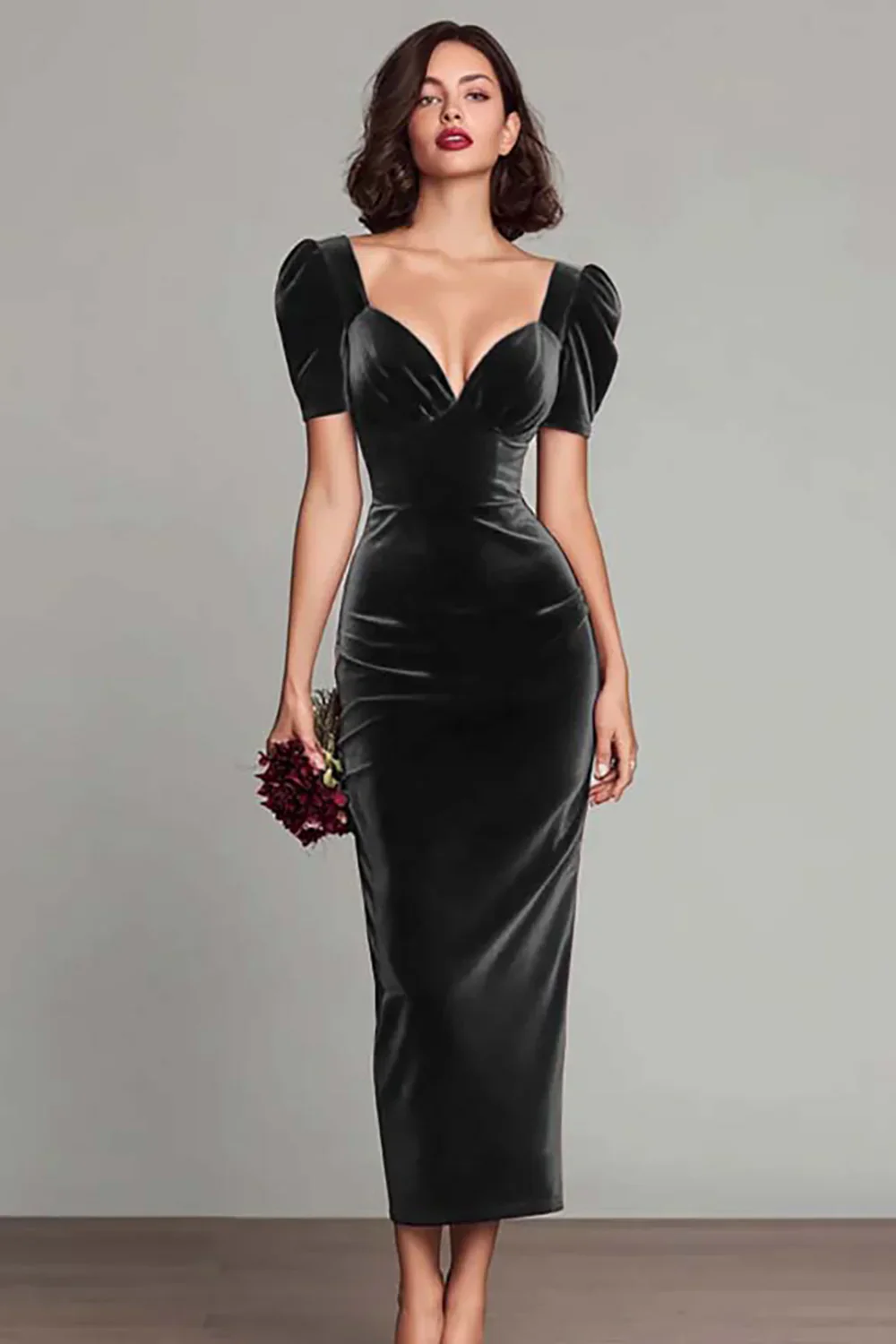 Burgundy Velvet Sheath Long Holiday Party Dress - Image 3