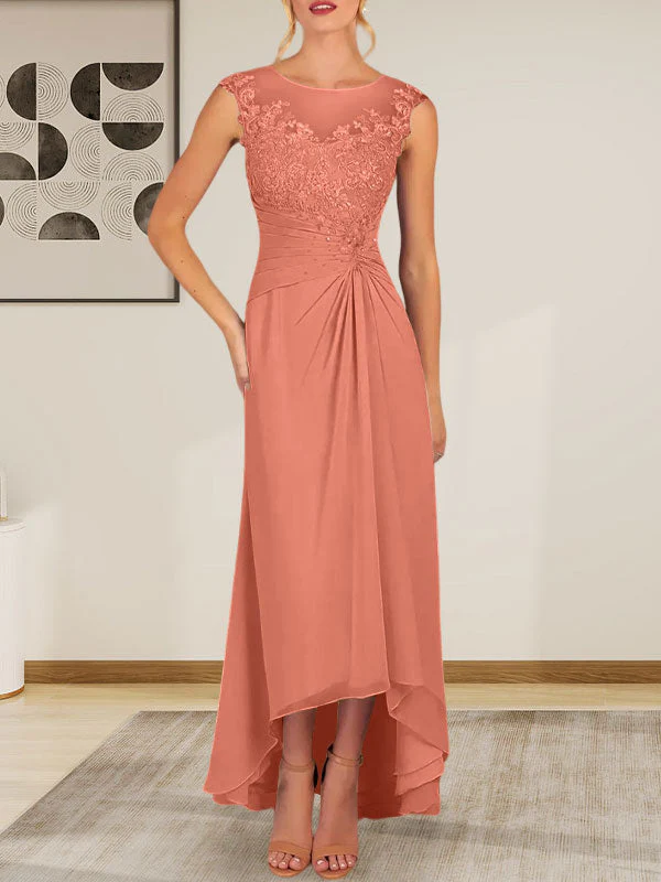 Champagne A-Line Scoop Lace Chiffon Dress - Image 15