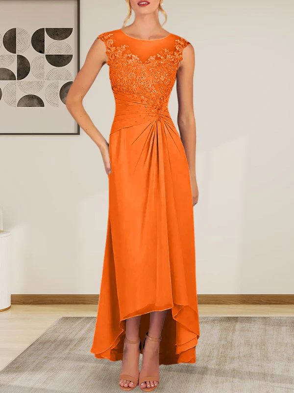 Champagne A-Line Scoop Lace Chiffon Dress - Image 33