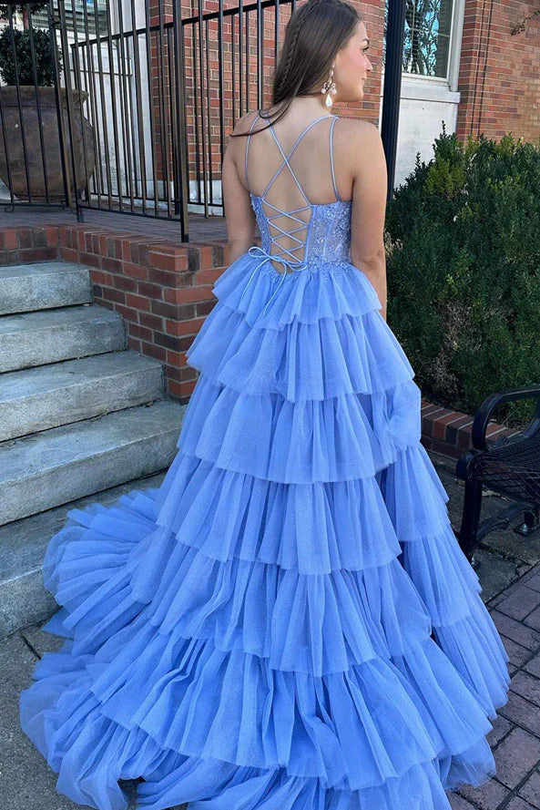 Charming A Line Spaghetti Straps Blue Corset Prom Dress with Appliques Ruffles - Image 2