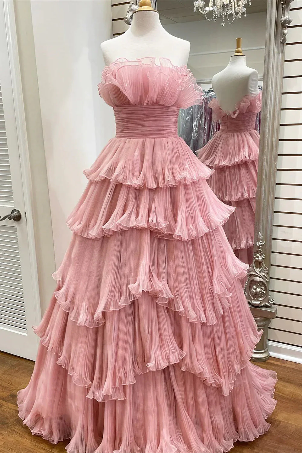 Charming A Line Strapless Blue Long Prom Dress with Ruffles - Image 10
