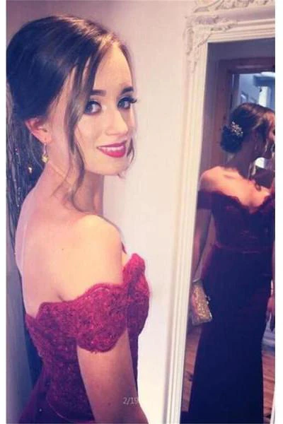 Charming Burgundy Mermaid Off Shoulder Long Prom Dresses, Party Dress, MP223 - Image 2