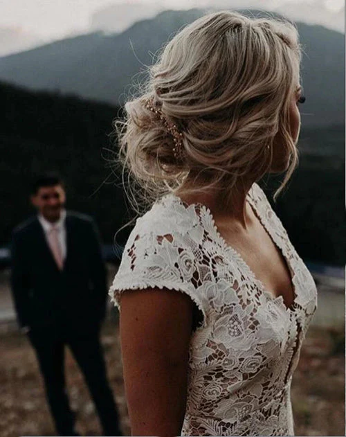 Charming Mermaid Lace Ivory Cap Sleeves Wedding Dresses, Bridal Dresses, - Image 2