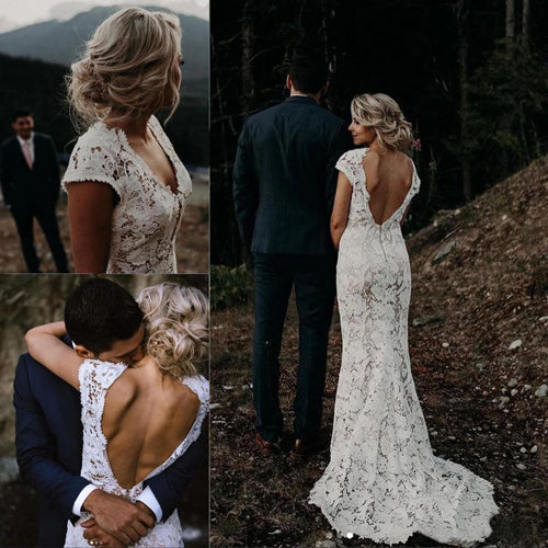 Charming Mermaid Lace Ivory Cap Sleeves Wedding Dresses, Bridal Dresses, - Image 3