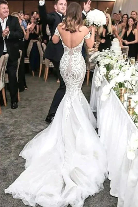 Charming Mermaid Style Off-the-Shoulder Sweep Train Lace Elegant Wedding Dresses - Image 2