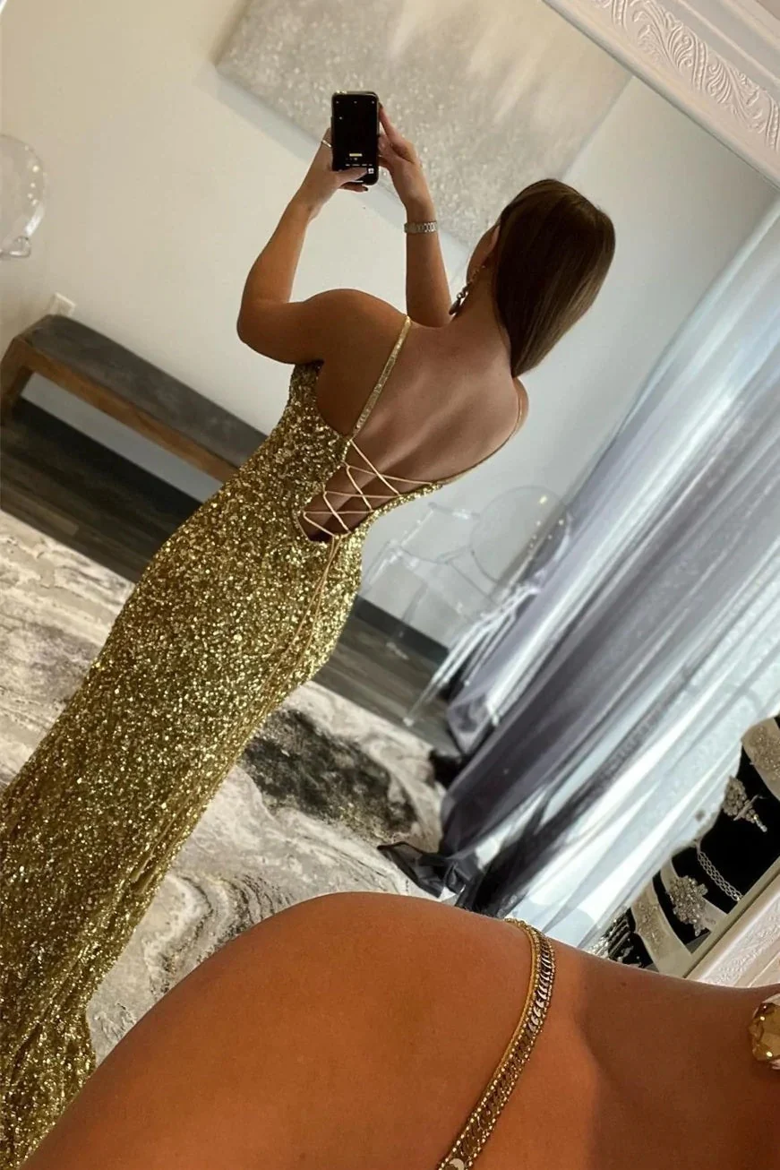 Charming Mermaid V Nekc Gold Sequins Long Prom Dresses with Slit - Image 2