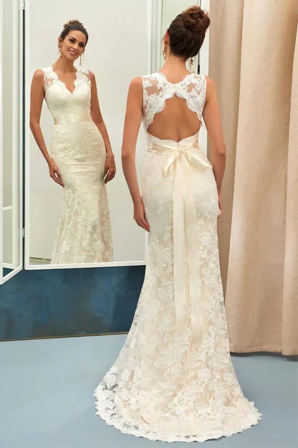 Charming V Neck Lace Sheath Wedding Dress With Sashes WD040 - Image 2