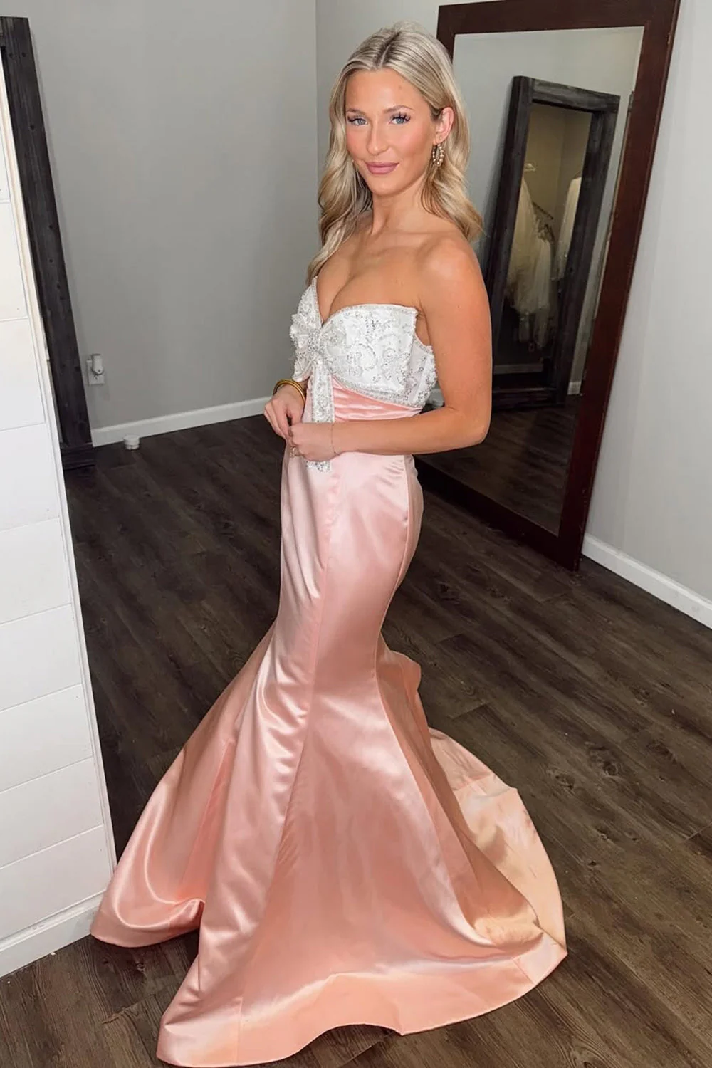 Blush Sweetheart Satin Mermaid Long Prom Dress with Bow - Image 3
